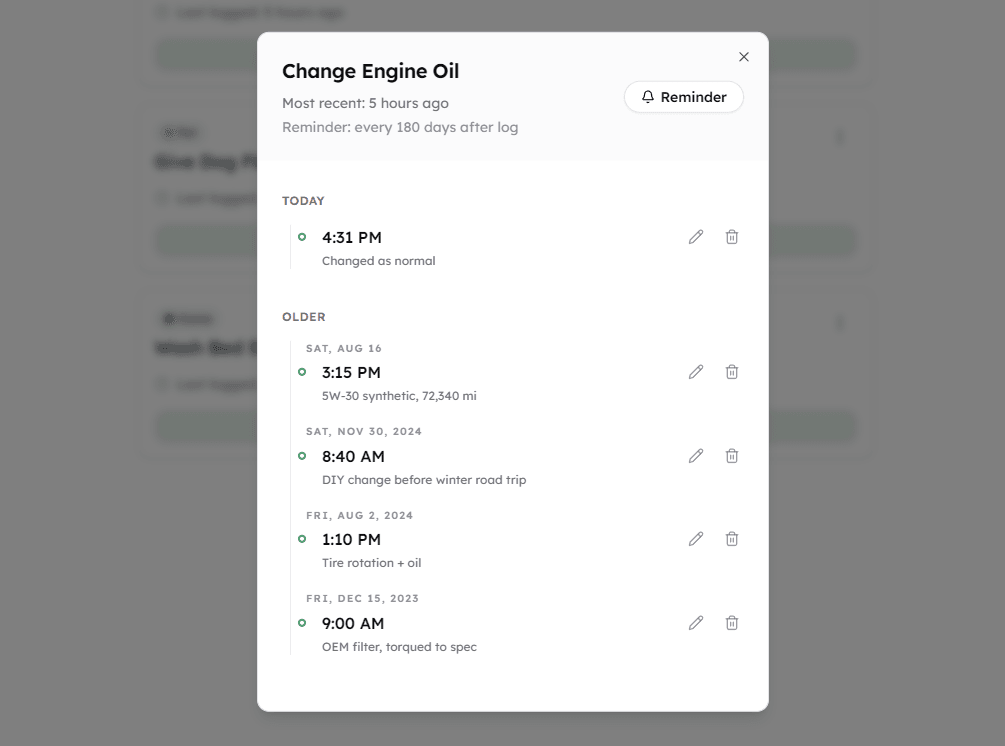 Complete history view with notes